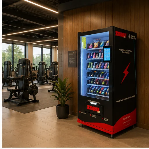 A protein vending machine against a wood-panelled wall in a daylit fitness centre, with resistance machines behind it