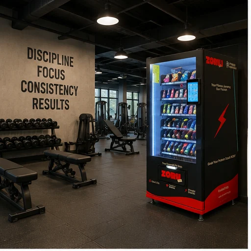 A protein vending machine standing on the free-weights floor of a gym, beside dumbbell racks and benches