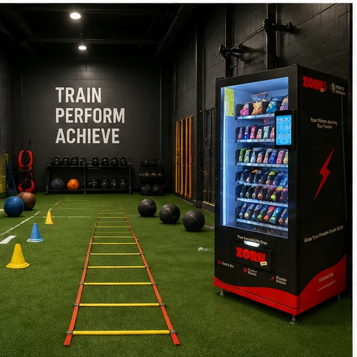 A protein vending machine at the edge of an indoor turf training area laid out with an agility ladder, cones and medicine balls