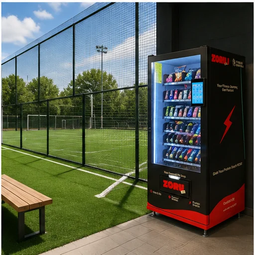 A protein vending machine beside a bench at the entrance to a fenced outdoor turf pitch